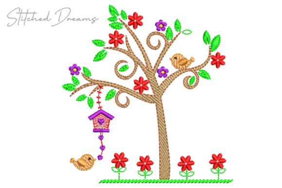 Birds Playing on the Tree Embroidery