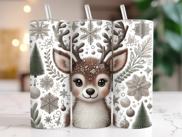 Christmas Faux Embroidery Deer Tumbler