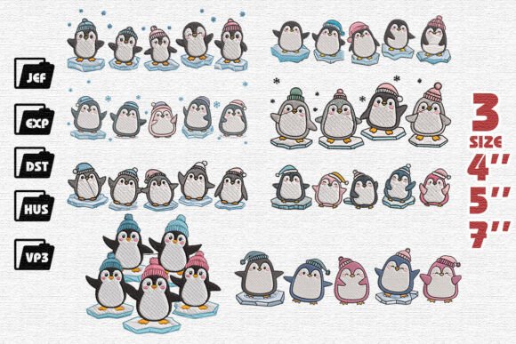 Cute Penguin Family Embroidery